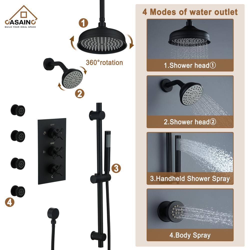 CASAINC 1-Spray Patterns 8 in. Ceiling Mounted Dual Shower Heads in Matte Black with Sliding Bar and 4 Body Sprays CS3774-MB