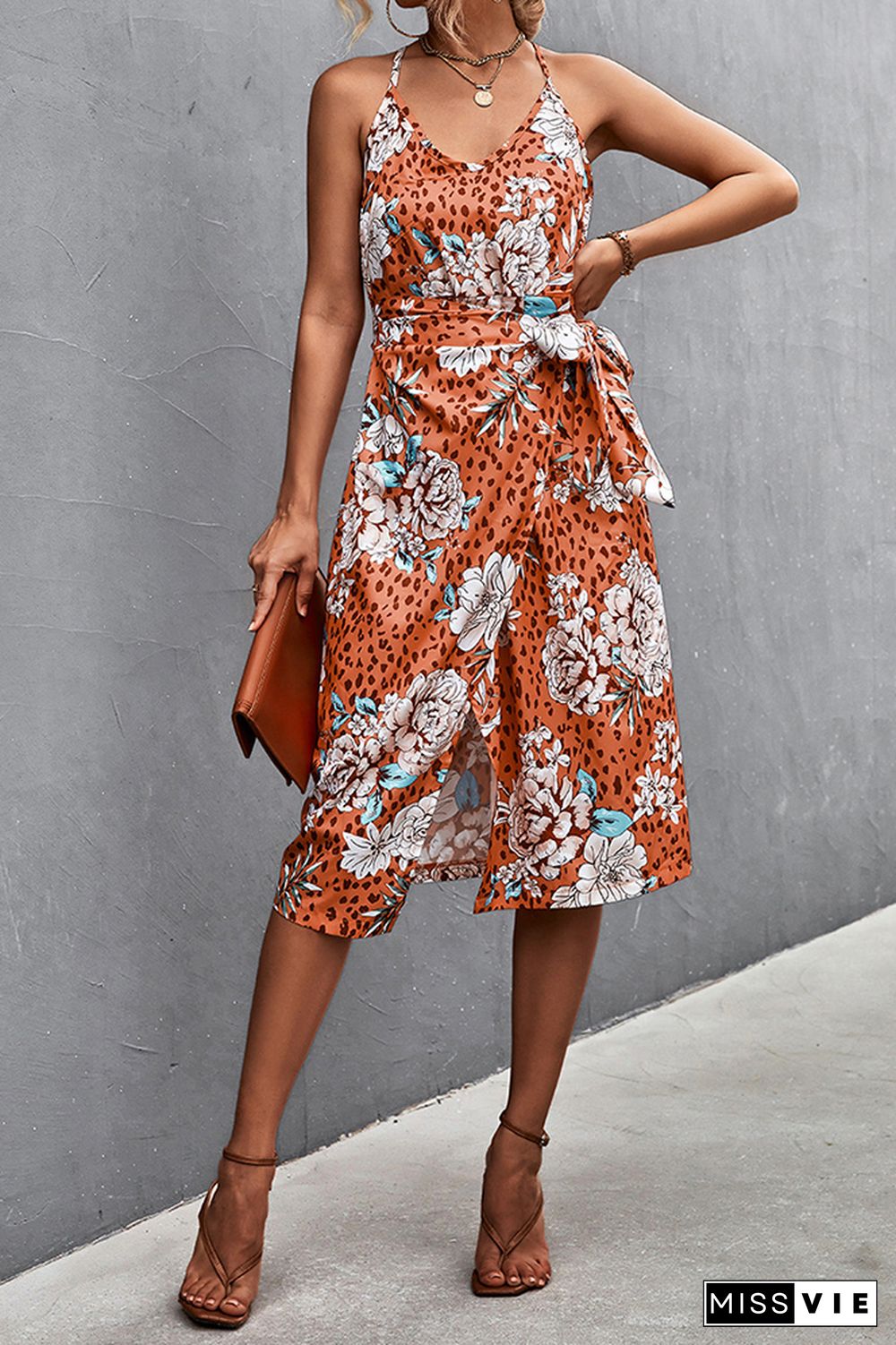 Floral Print V-neck Sleeveless Slit Dress Wholesale