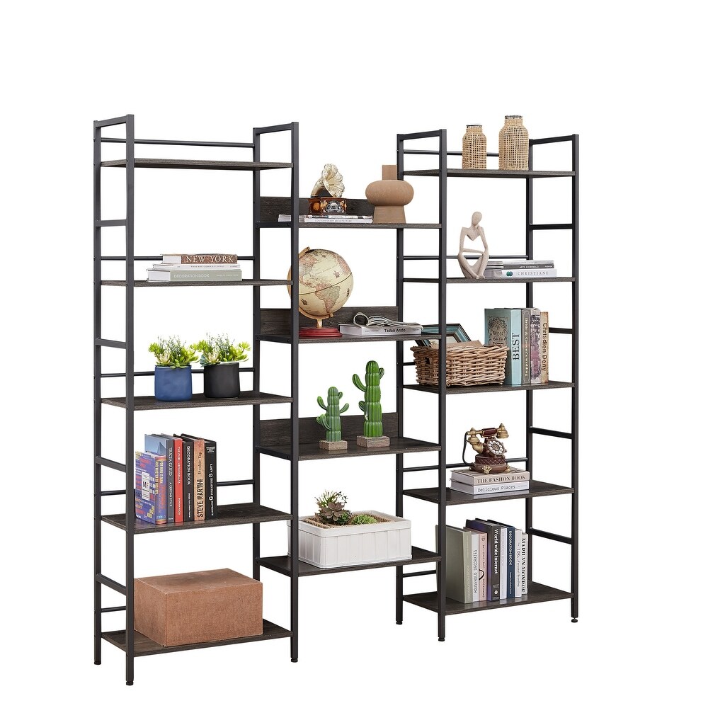 Triple Wide 5 shelf Bookshelves Retro Wooden Style Home and Office Large Open Display Shelf 69.3''W x 11.8''D x 70.1''H