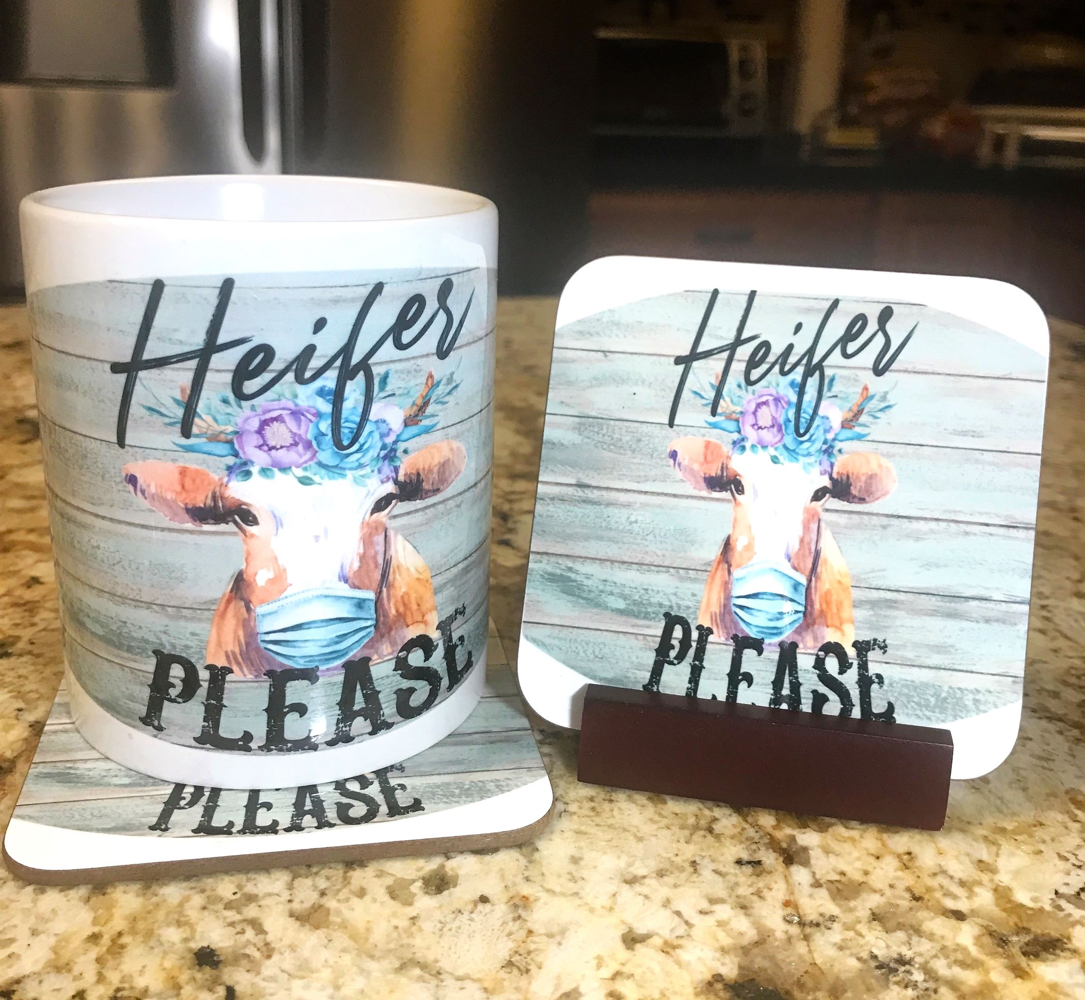 Sweetpolly's Creations Farmhouse Animal Witty Decorative Mug and Coaster Set Handcrafted Drinkware - Heifer Please