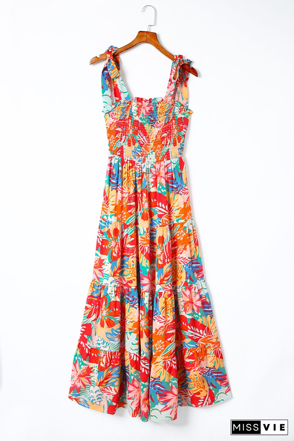 Multicolor Vibrant Tropical Print Smocked Ruffle Tiered Maxi Dress