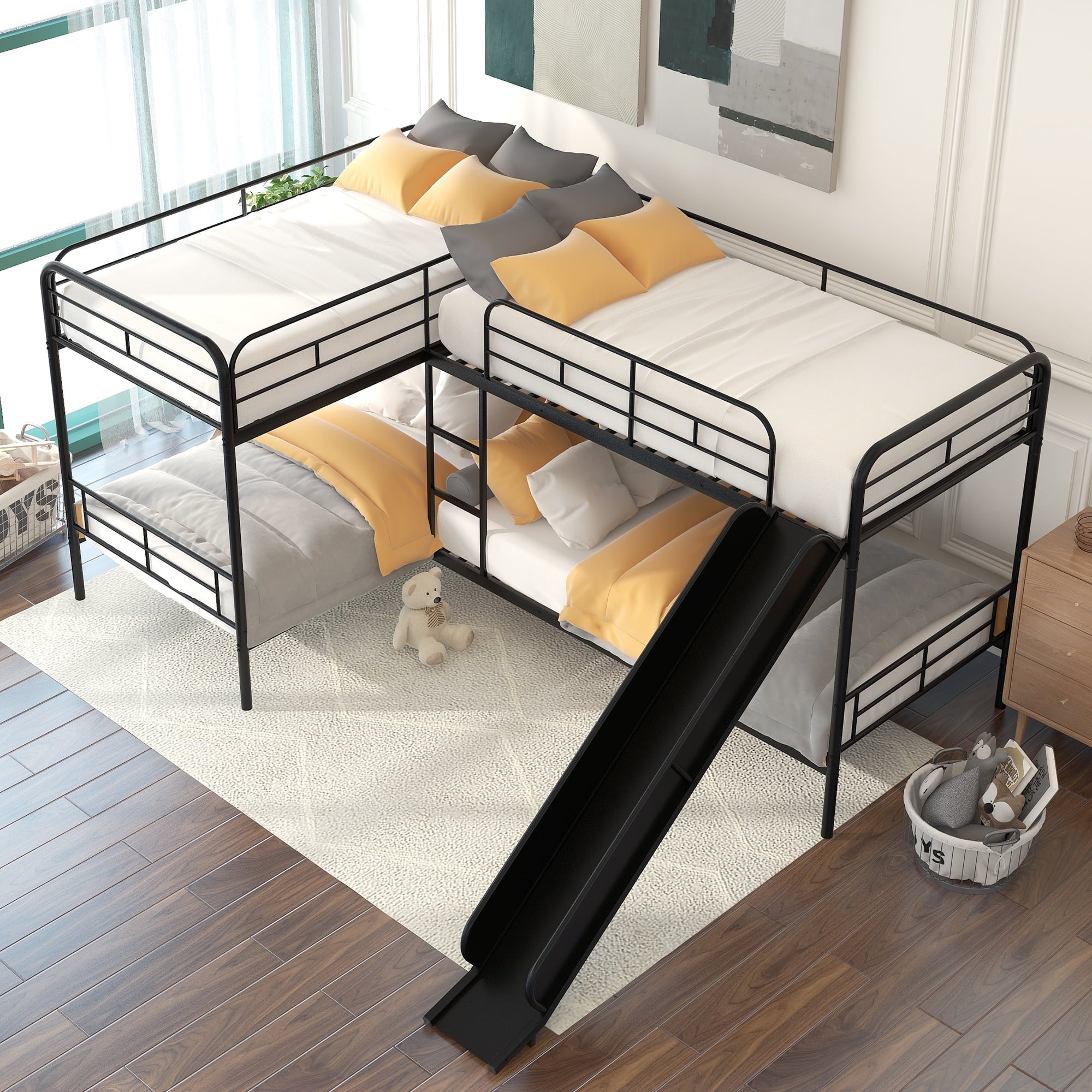 Modern Meta Twin L-Shaped Quadruple Bunk Bed for Kids Bedroom, Black