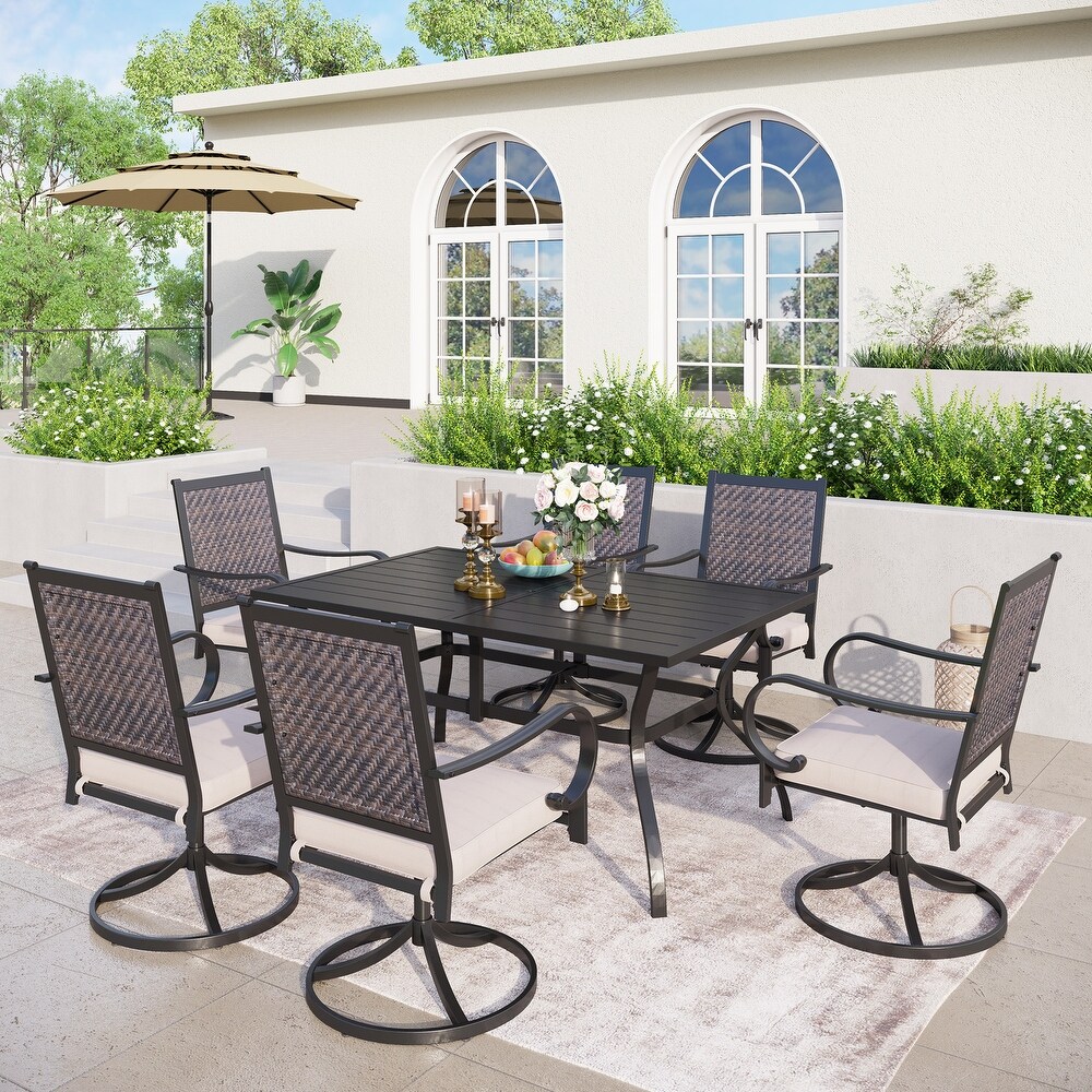 7 piece Patio Dining Set  6 Rattan Chairs with Cushion and 1 Metal Table with Umbrella Hole