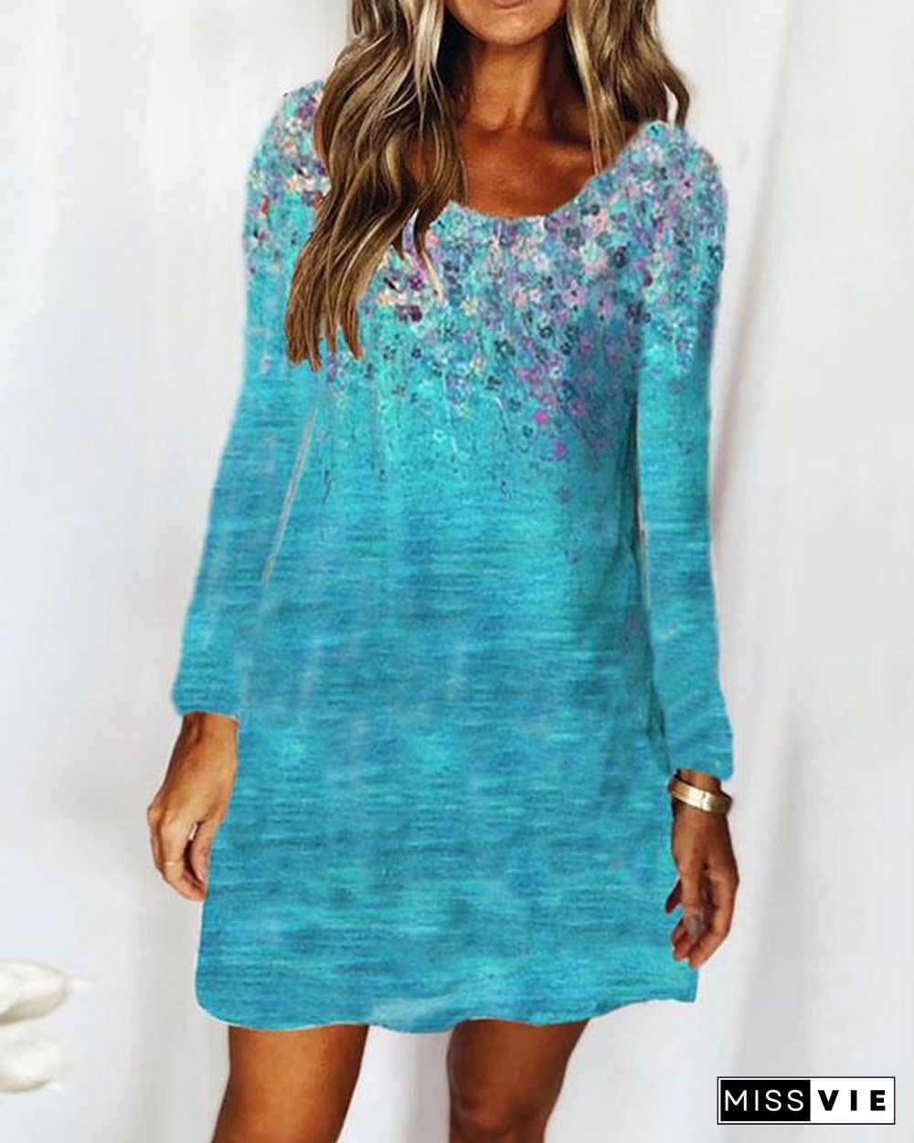 Casual Round Neck Long Sleeve Floral Ombre Dress