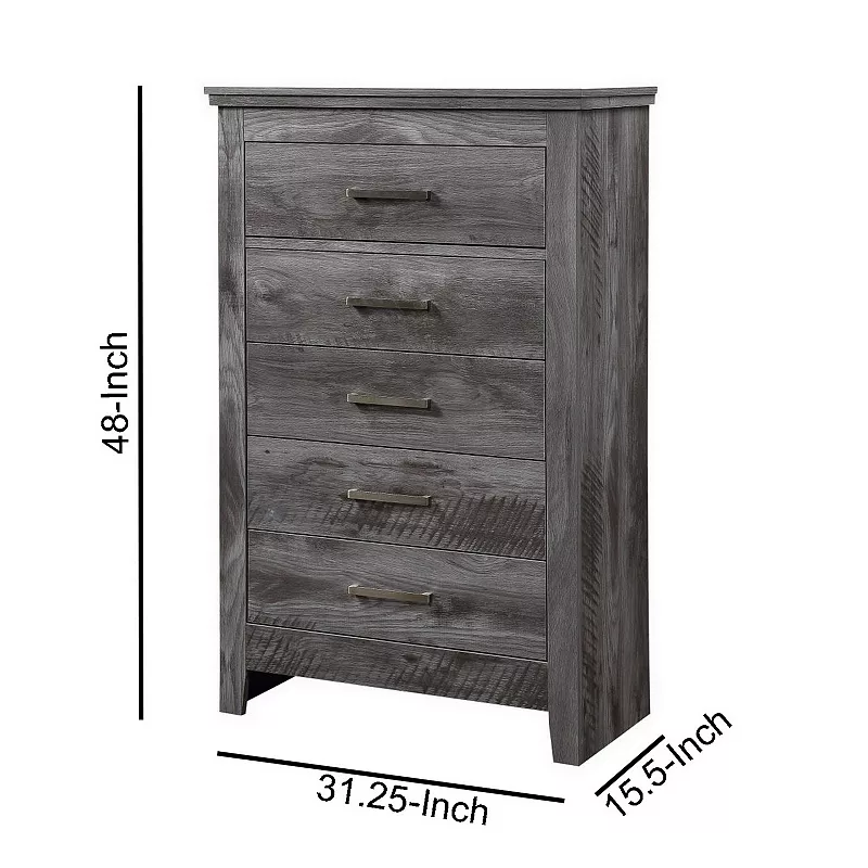 5 Drawer Wooden Chest with Metal Bar Pulls， Rustic Gray