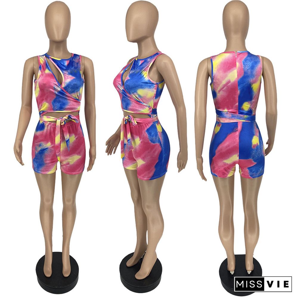 Tie Dye Printed Bandage Sleeveless Hole Cut Out Slim Rompers