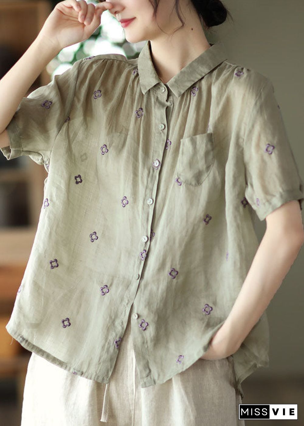 Vintage Grey Green Embroideried Linen Shirt Top Short Sleeve