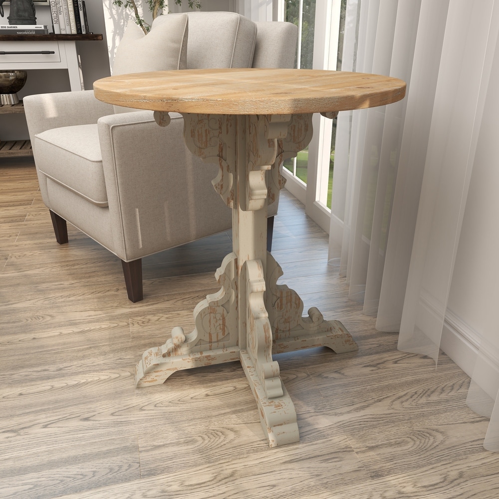 Wood Intricately Carved Scroll Accent Table with Brown Wood Top