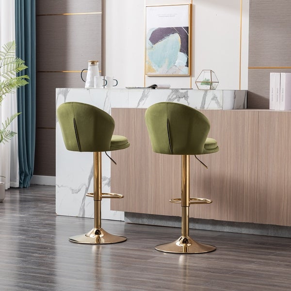 Set of 2 Bar Stools with Chrome Footrest and Base Swivel Height Adjustable Mechanical Lifting Velvet