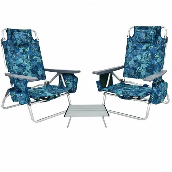 2Pack 5-Position Outdoor Folding Beach Table Chair Reclining Chair Set - Overstock - 35911043