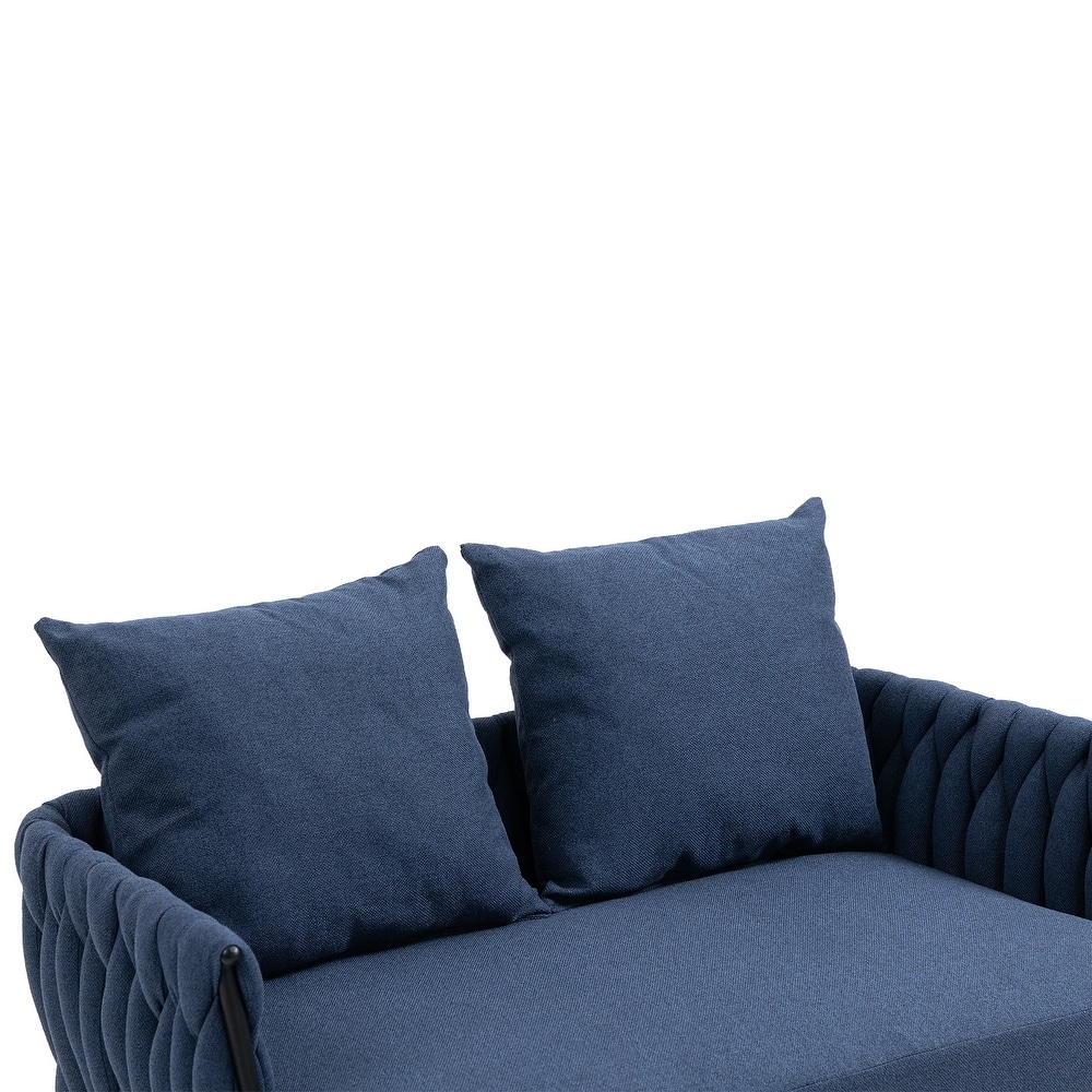 Modern Hand Woven Upholstered Sofa Chair  Navy Linen Accent Chair  Living Room Lounge Armrest Sofa with Metal Frame