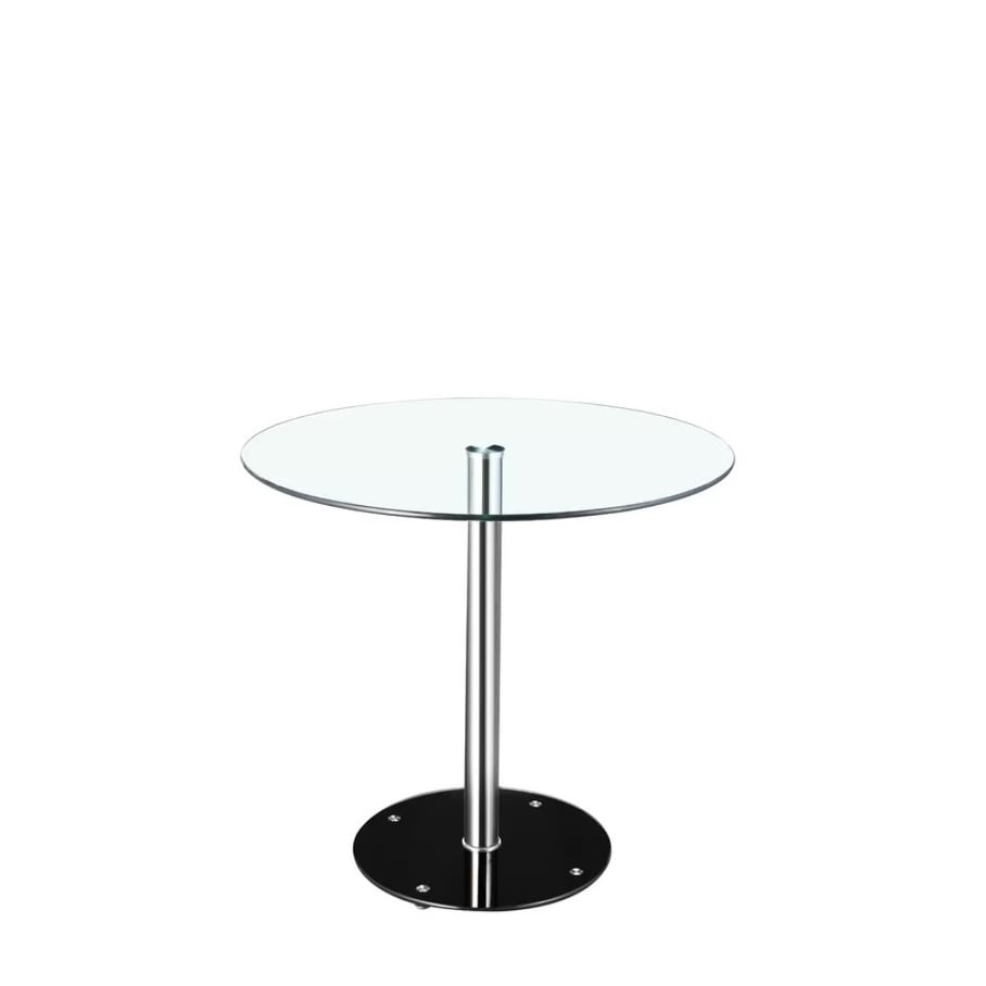 Stainless steel brushed pedestal base with black base  Clear glass top