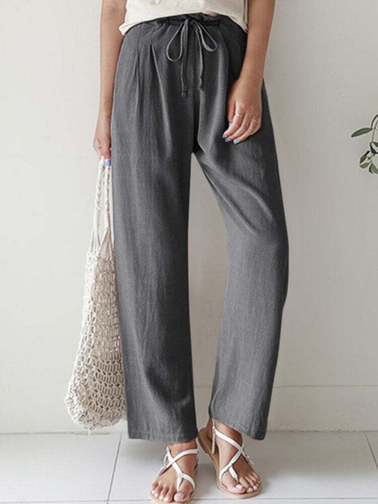 New Casual Ladies Solid Color Straight Leg Elastic Waist Cotton Linen Pants Women's Clothing