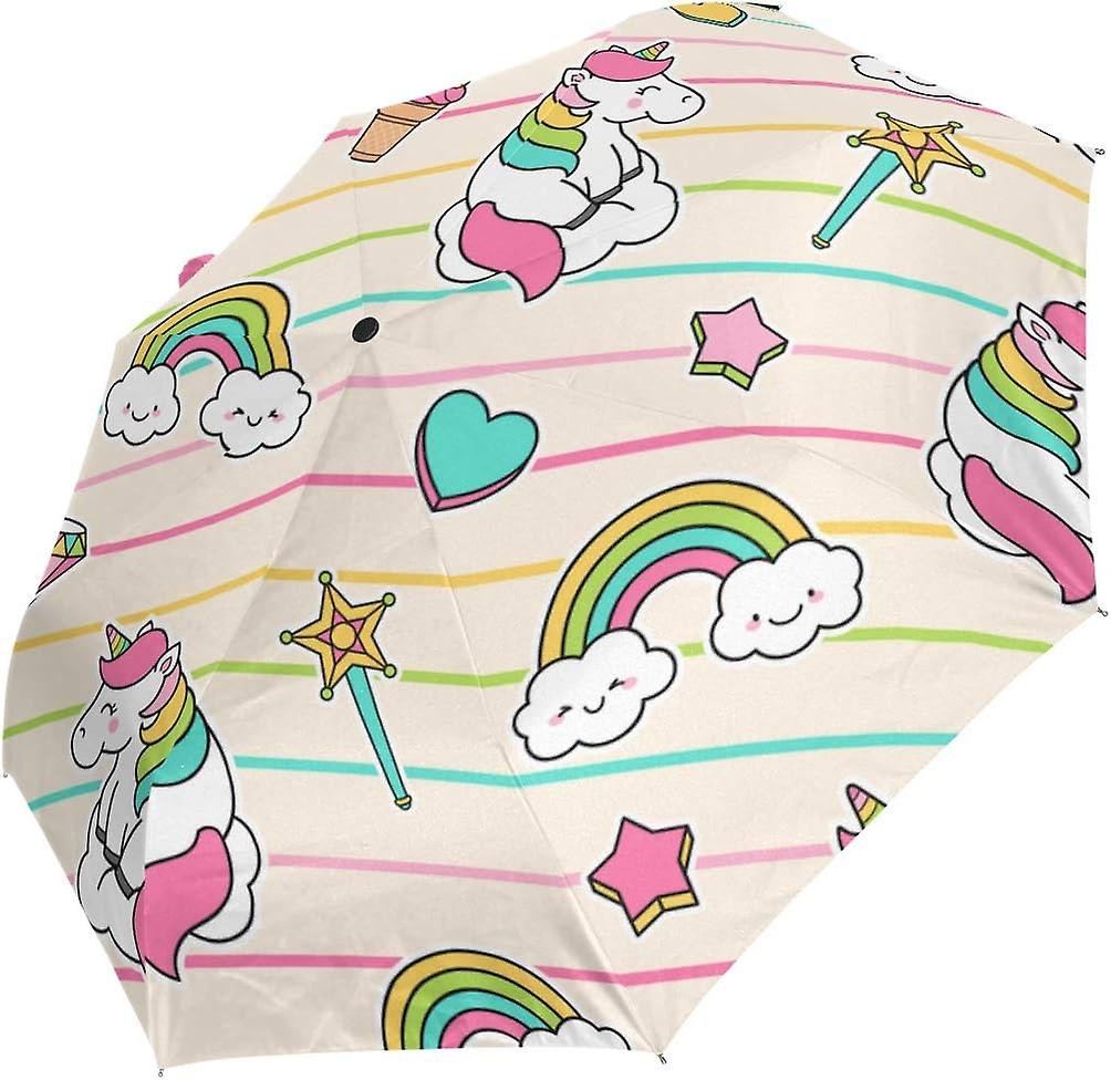 Travel Umbrella Automatic Windproof Foldable Umbrella Unicorn Doodles Colorful Stripes