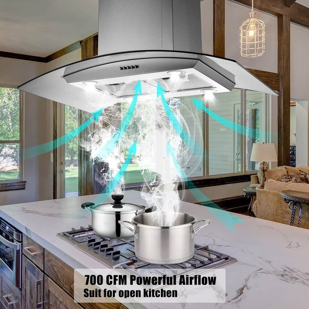 36 inch Stainless Steel Island Mount Range Hood 900CFM Tempered Glass with LED Lights