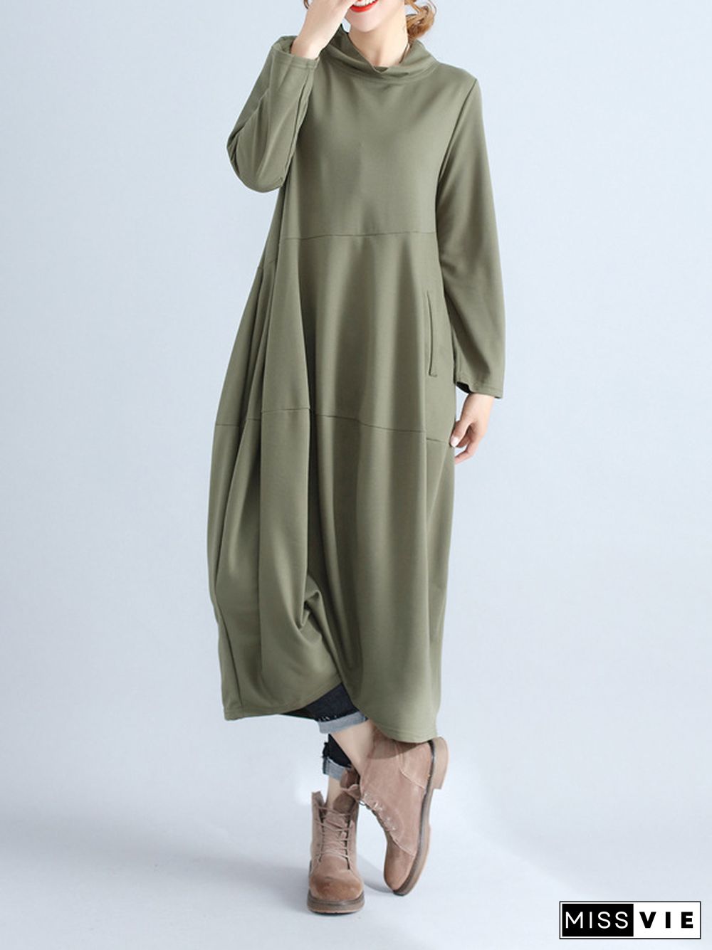 Casual Loose Plus Size Solid Color Hooded Midi Dresses