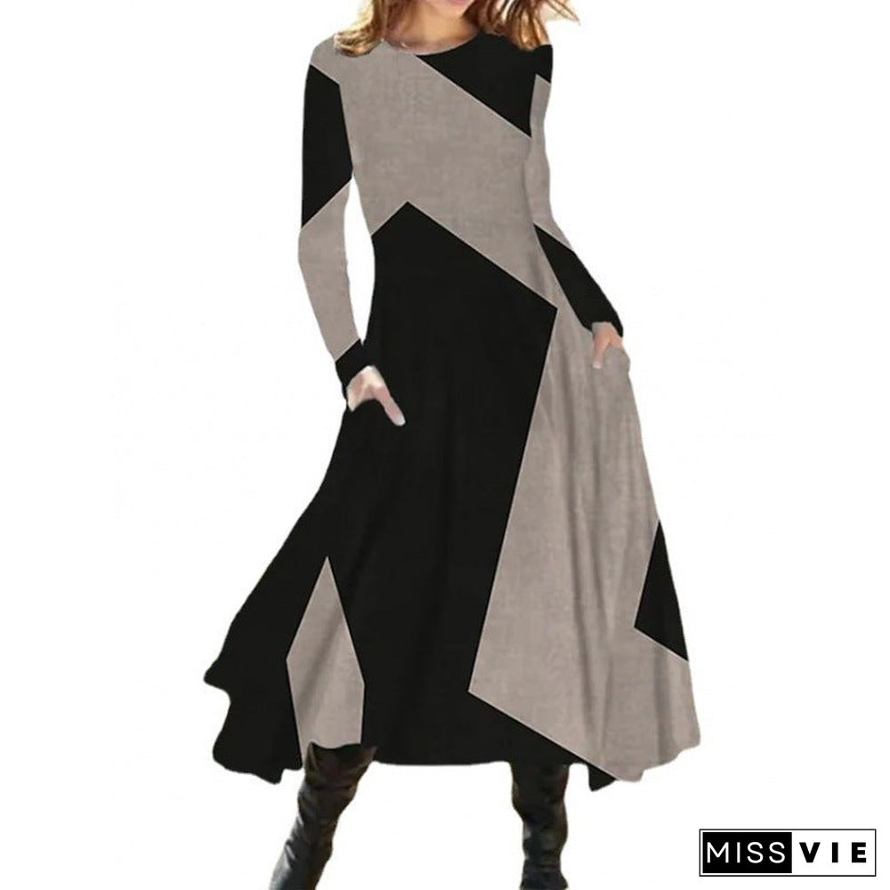 Women's Round Neck Casual Ethnic Retro Fashion Long Sleeve Oversized Swing Dress