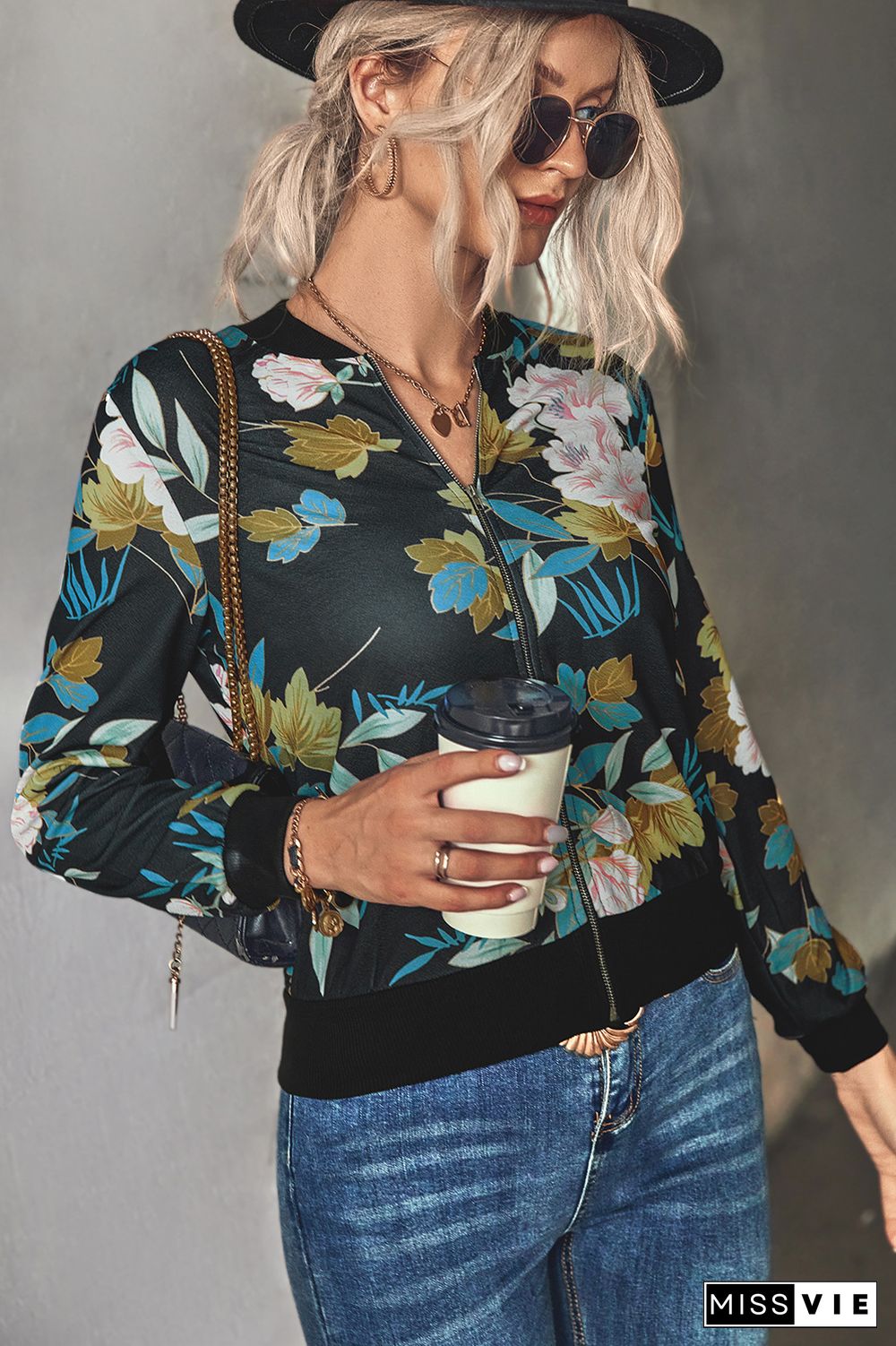 Front Open Zipper Floral Print Jackets