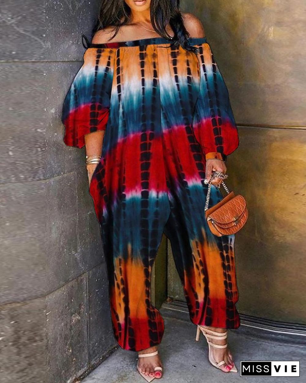 Off Shoulder Lantern Sleeve Tie Dye Print Jumpsuit