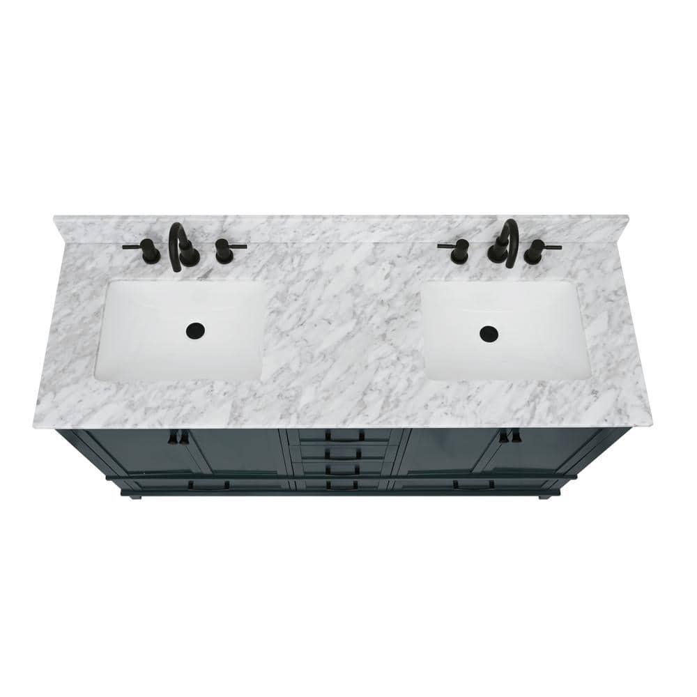 Home Decorators Collection 61 in W x 22 in D Bianco Carrara White Marble Double Basin Vanity Top with White Basins