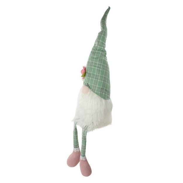 Green And White Plaid Spring Gnome Table Top Figure With Dangling Legs