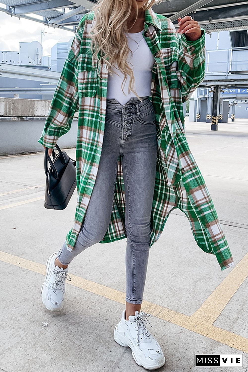 Open Button Pockets Plaid Long Length Jacket