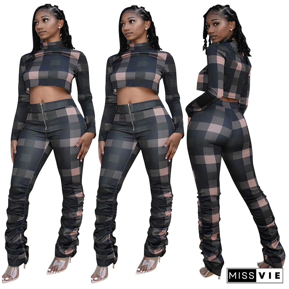 Plaid Turtleneck Crop Top Stacked Pants Set