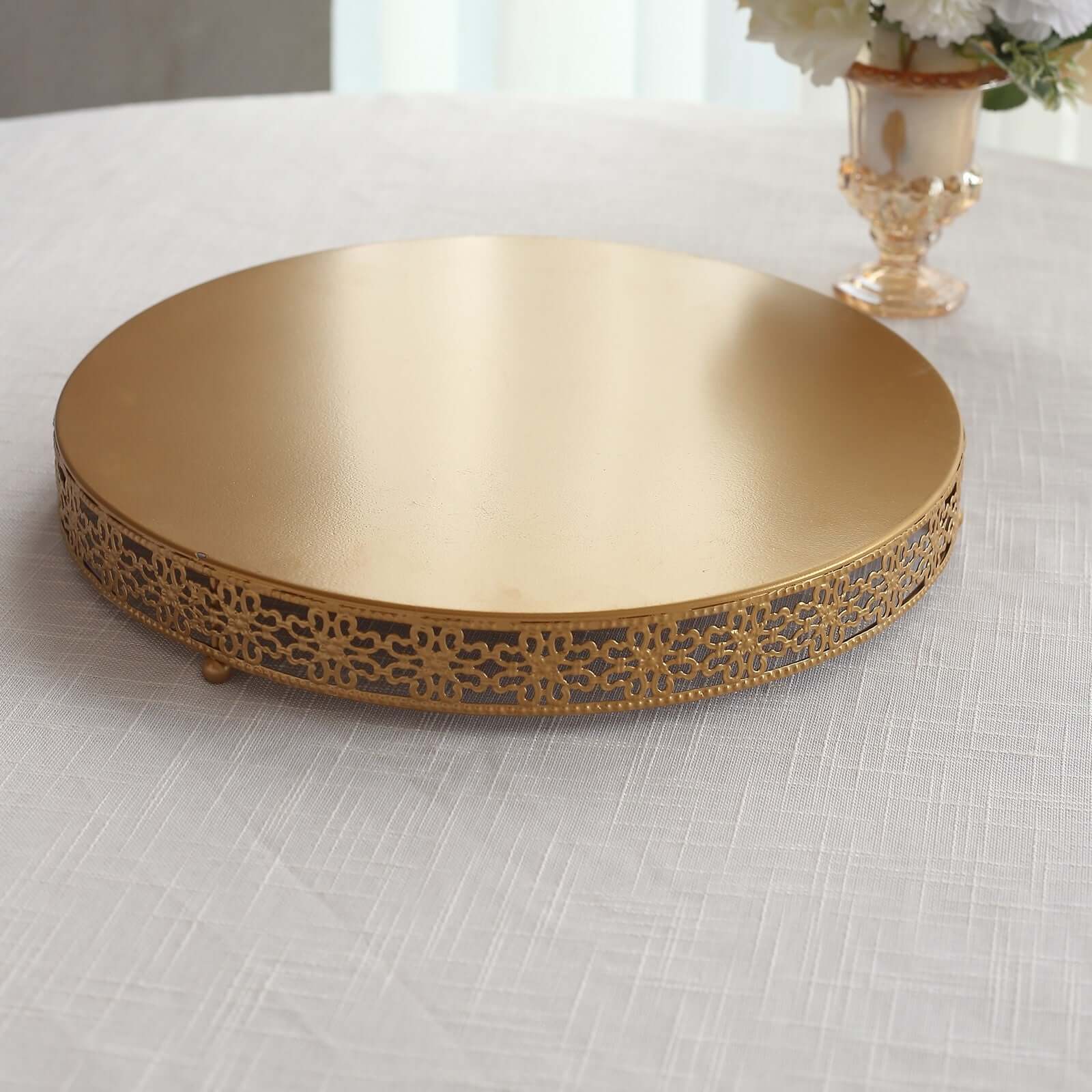 Gold Metal Fleur De Lis Round Pedestal Cake Stands, Cupcake Dessert Display Stand Table Centerpiece - 16