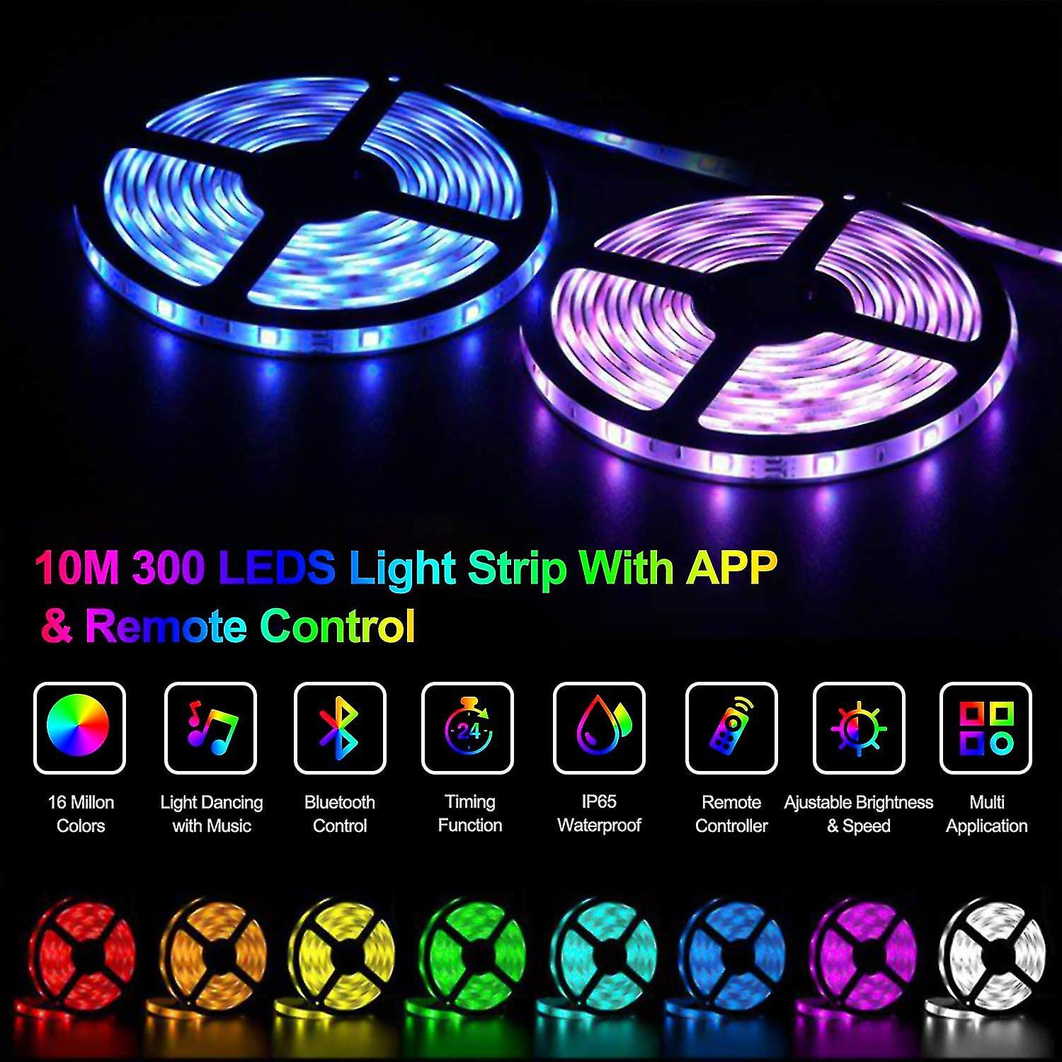 Waterproof 10m Led Strip， Rgb5050 12v Led Strip， Multicolor Ip65 With Mucial Timing Function-black