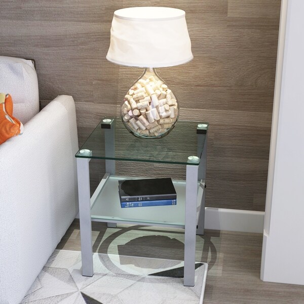 Two Layers Glass Side Table with Glass Tabletop and Metal Legs