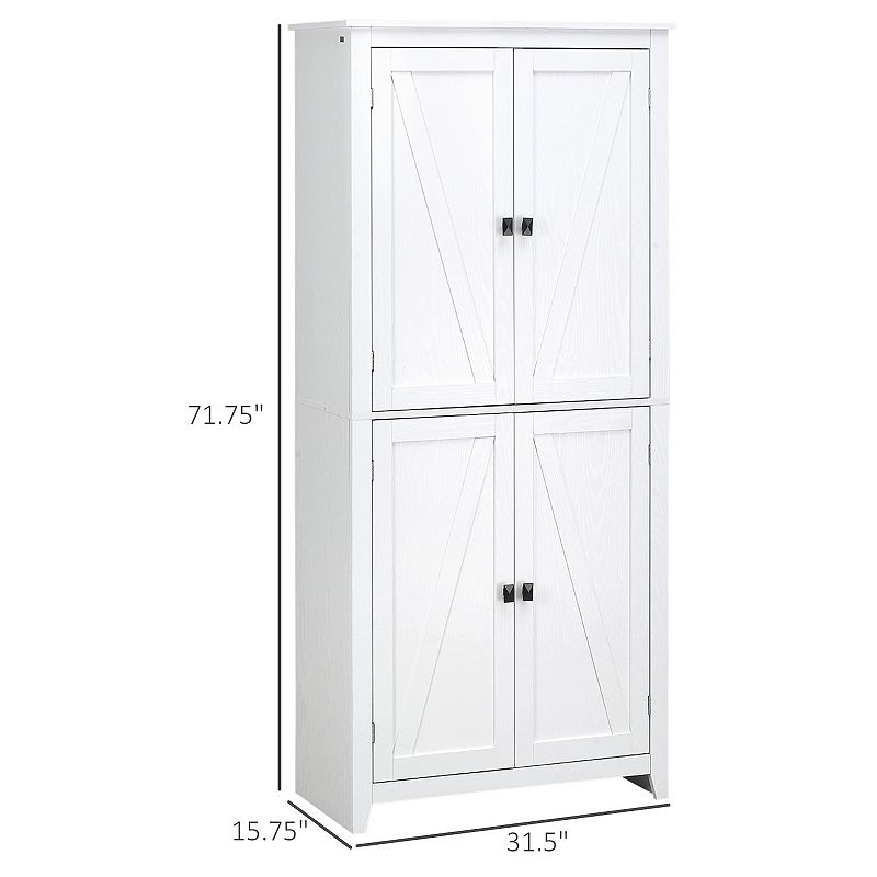 HOMCOM 72 Freestanding 4-Door Kitchen Pantry， Storage Cabinet Organizer with 4-Tiers， and Adjustable Shelves， White