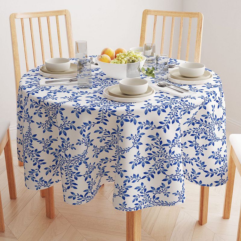 Round Tablecloth， 100% Polyester， 90 Round， Swirly Blue Vines