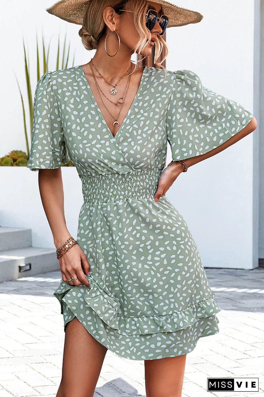 V Neck Flare Sleeves Spot Print Smocked High Waist Dress