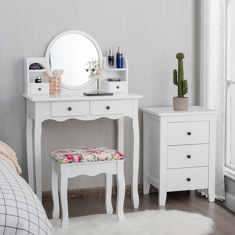 Makeup Vanity Table Set Girls Dressing Table with Drawers Oval Mirror