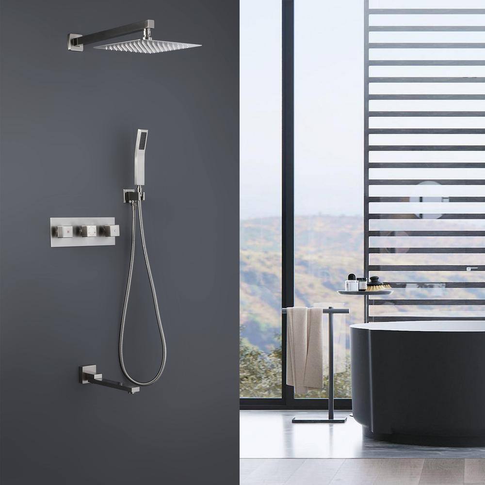 GIVING TREE 2-Spray 12 in. Square Rain Shower Head with Hand Shower and Tub Faucet in Brushed Nickel (Valve Included) HDYN-MM0034