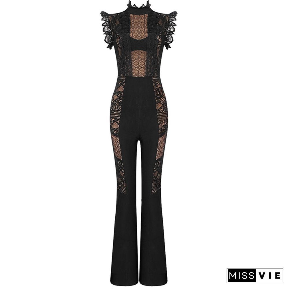 New Women's Jacket Jumpsuit Black High Collar Bandage Sexy Summer Jumpsuit Sleeveless Lace Rayon Bandage Overalls