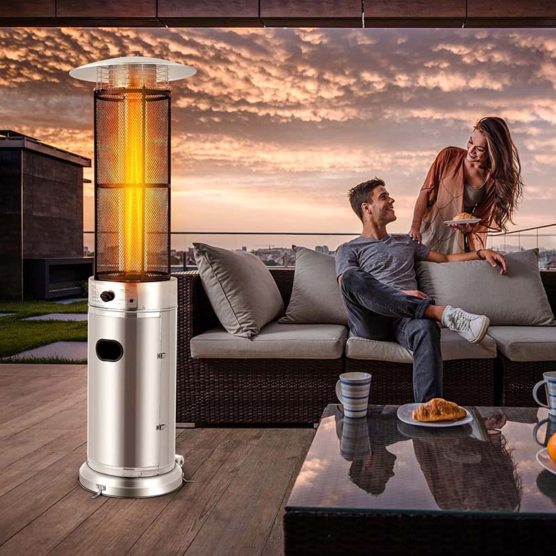 34,000BTU Standing Propane Patio Heater with Wheels, Stainless Steel Round Glass Tube Gas Outdoor Heater