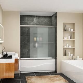 FORCLOVER 60 in. W x 57-38 in. H Sliding Semi Frameless Tub Door in Brushed Nickel Finish with Frosted Glass SND16FG-6057BN