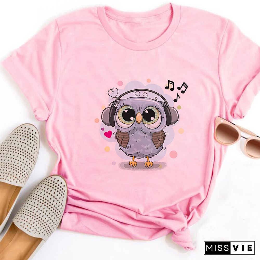 Gothic Women Cute Owl Printed T-Shirt All Seasons Fashion Thin Short Sleeve Tees Harajuku Casual Pink Top Female Clothing Tshirt