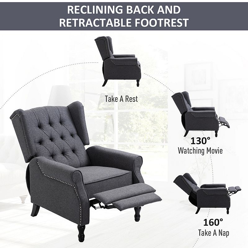 HOMCOM Fabric Upholstered Wingback Recliner Tufted Back Linen Arm Chair with Footrest Armrest Padded Cushion Dark Grey