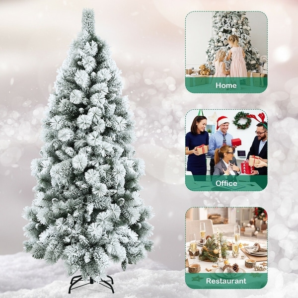 Flocked Hinged Artificial Christmas Slim Tree with Pine Needles