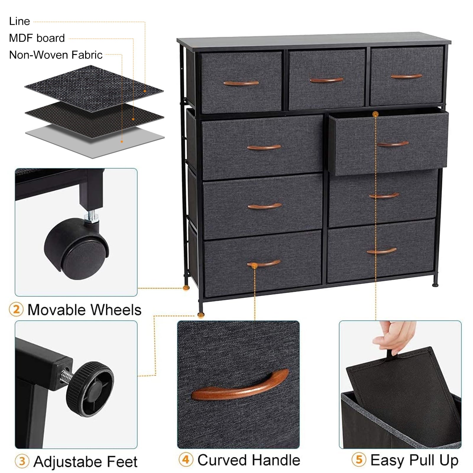 AVAWING Dresser with 9 Drawers, Dresser for Bedroom with Drawers, Vertical Storage Tower, Fabric Dresser Tower for Closets,Bedroom, Hallway- Sturdy Steel Frame