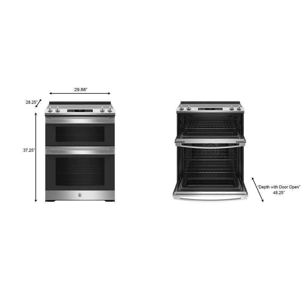 GE 30 in. 6.6 cu. ft. Slide-In Double Oven Electric Range in Stainless Steel with True Convection JSS86SPSS