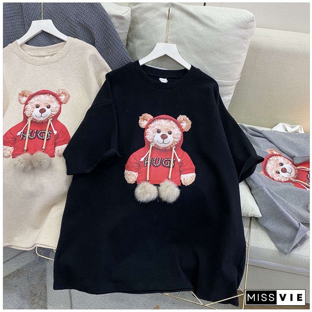 Harajuku Fur Ball Tshirt Summer Women Cotton Half Sleeve Round Neck T-Shirts Korean Style Kawaii Cute Bear Female Clothes Tops