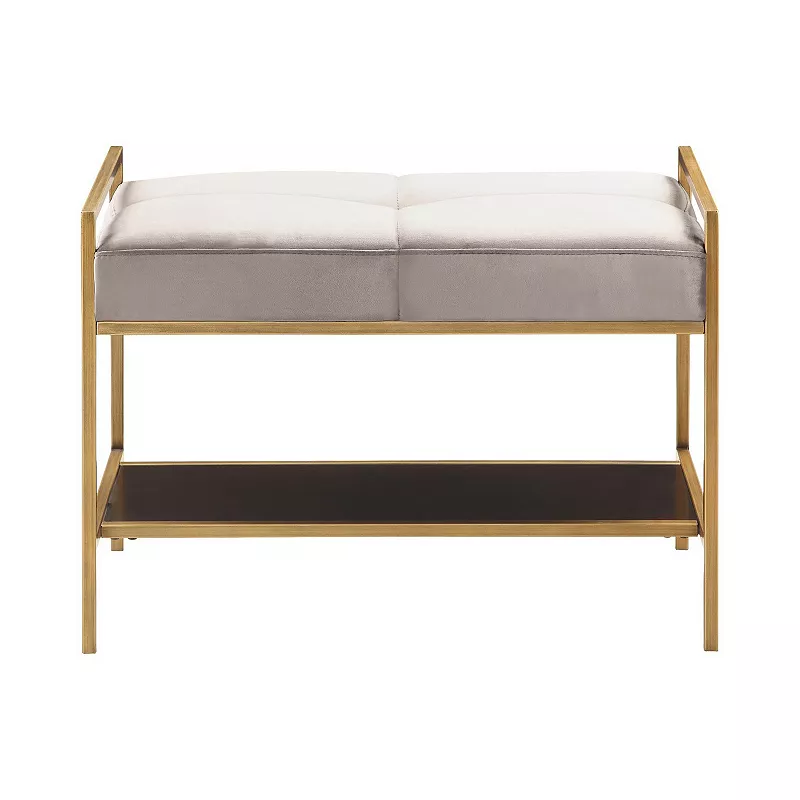 Metal Frame Bench with Tufted Center Seat， Gray