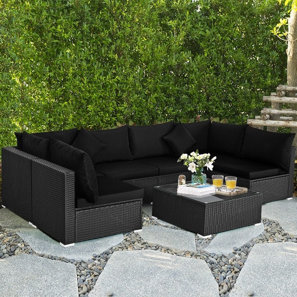 Gymax 7PCS Rattan Patio Conversation Set Sectional Furniture Set w/