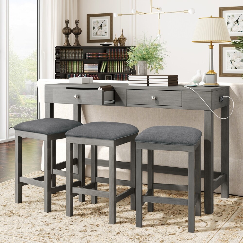 4 Piece Counter Height Table Set with Socket and Fabric Padded Stools  Rustic Bar Dining Set with 2 Drawers