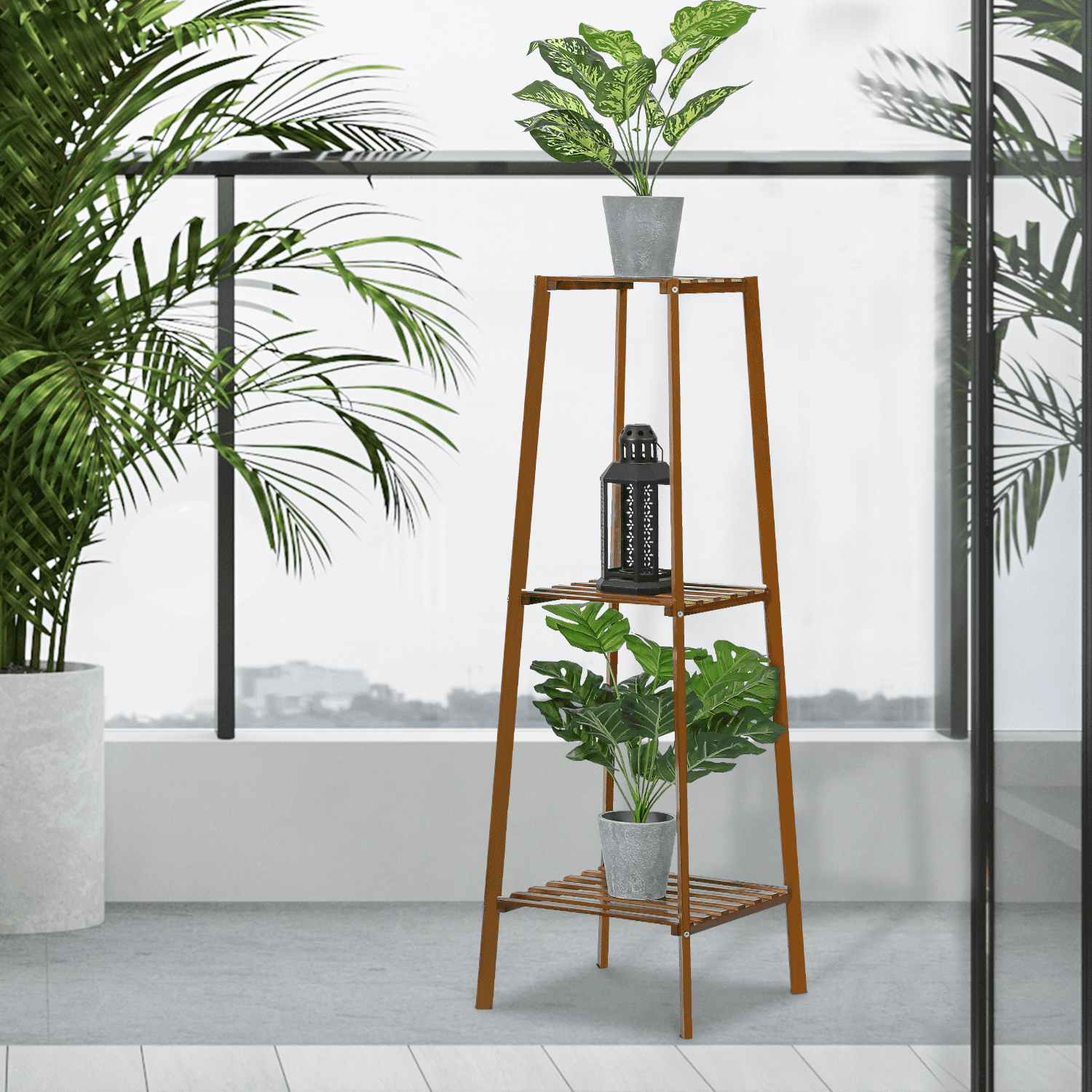 MoNiBloom Bamboo 3 Tiers Trapezoid Plant Stand, Display Rack, Flower Storage Shelf, Brown, for Home