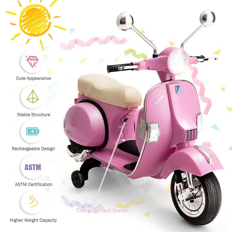 6V Kids Ride on Vespa Scooter Battery Powered Electric Riding Toy Motorcycle with Training Wheels