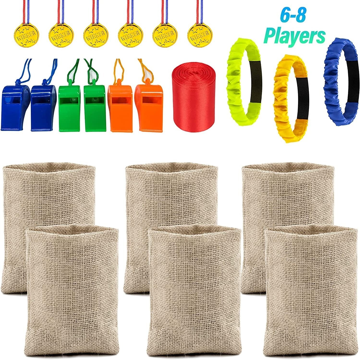 6pcs 23x40” Potato Sack Race Burlap Bags  3-Legged Relay Race Bands  For Adults And Kids  Prizes  Whistles and Rope For Halloween  Outdoor Games and Activities  Lawn Yard  BBQ